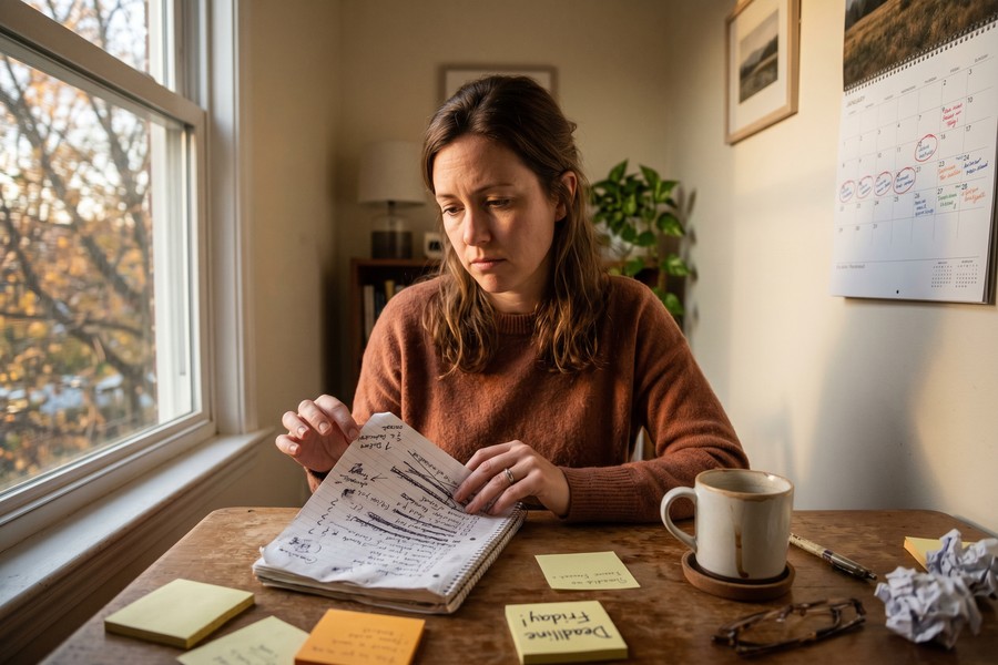 A cluttered paper to-do list with many unchecked items scattered on a desk