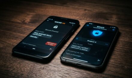 Side-by-side comparison of Wickr and Briar secure messaging app interfaces and security features