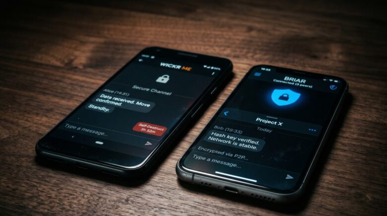 Side-by-side comparison of Wickr and Briar secure messaging app interfaces and security features