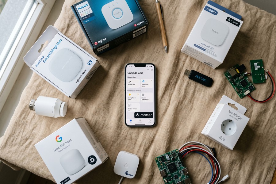 Diagram comparing Zigbee, Z-Wave, and Matter protocol stack layers in a smart home network