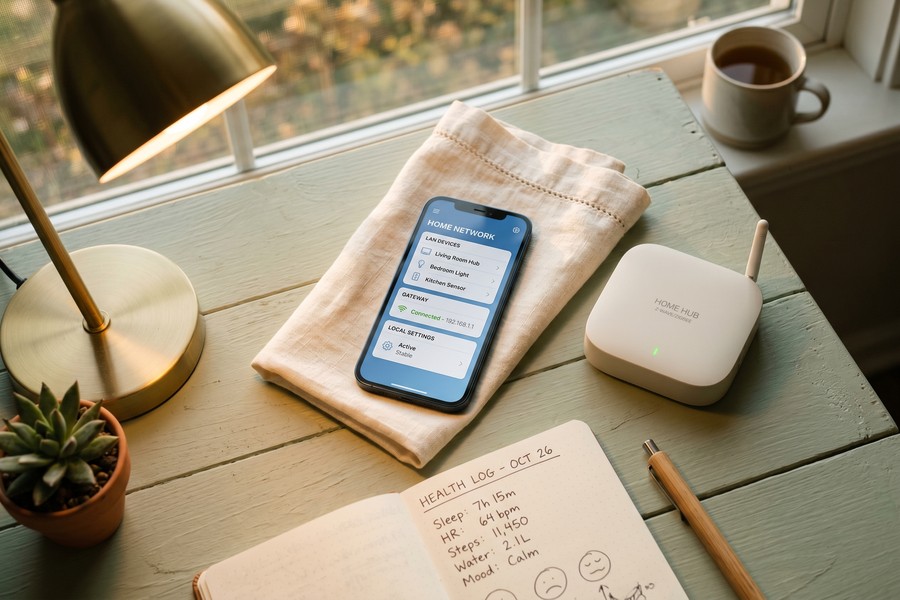 Smart home hub showing local control architecture with Zigbee and Z-Wave devices connected without cloud