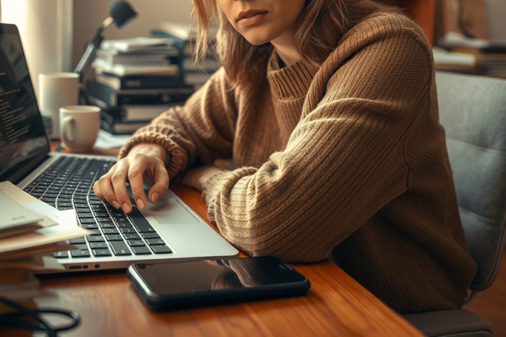 Remote worker at desk surrounded by notification badges showing message overload