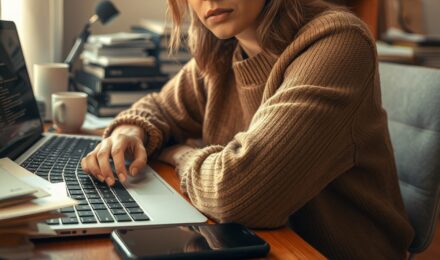 Remote worker at desk surrounded by notification badges showing message overload