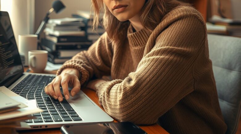Remote worker at desk surrounded by notification badges showing message overload