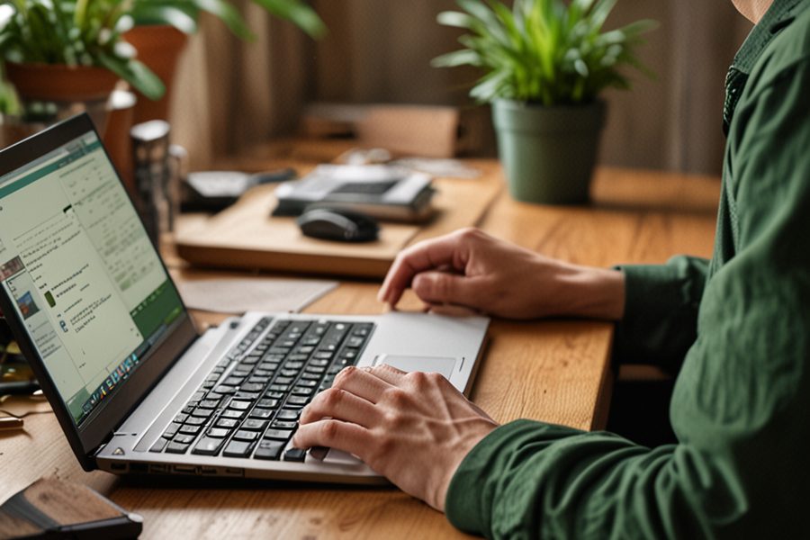 Remote worker checking messages on laptop during evening hours
