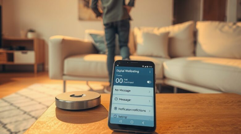 Android phone showing Digital Wellbeing Focus Mode settings with messaging apps paused during nighttime hours