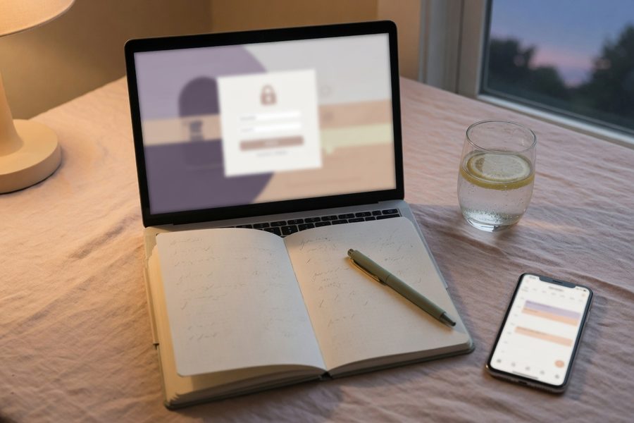 1Password Emergency Kit document placed beside a notebook