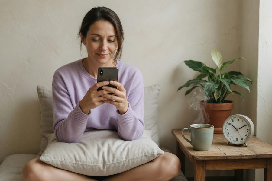 Busy adult using language app during morning coffee break