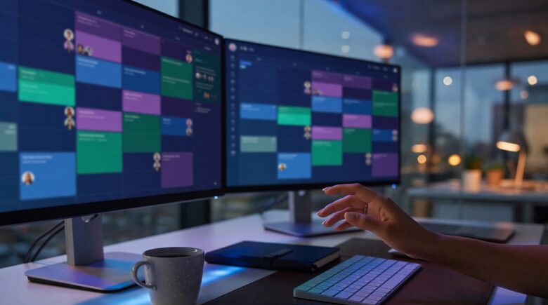 Executive assistant managing multiple calendars on a shared productivity app dashboard with real-time conflict detection