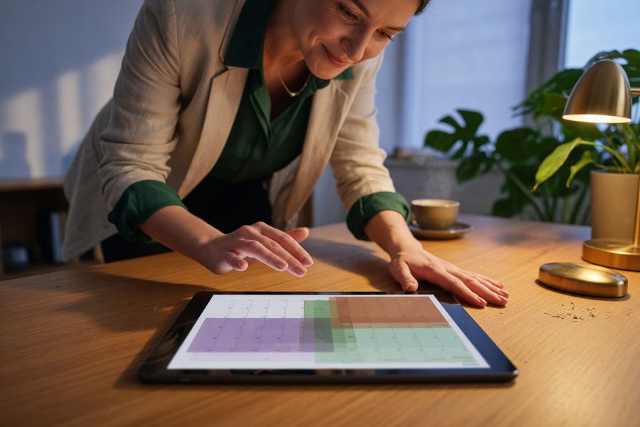 Executive assistant comparing calendar apps on dual monitors