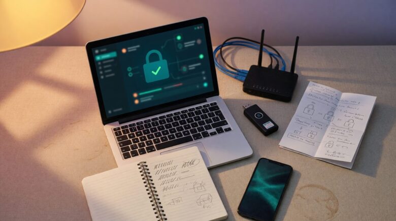 Health coach or therapist using laptop at a café with VPN protection icon displayed
