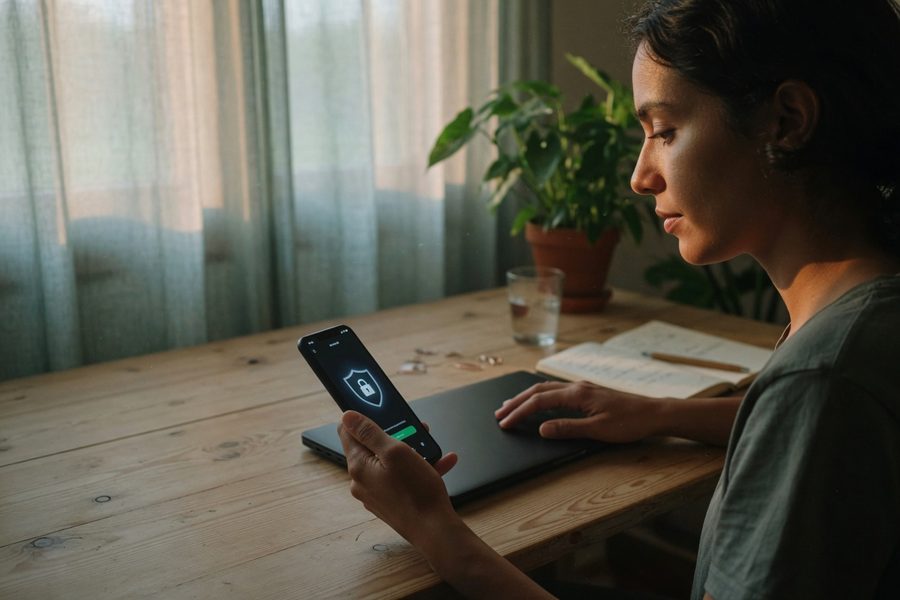 A gig worker using a VPN before joining a video coaching call in a café.