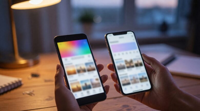 Side-by-side comparison of Google Photos and iCloud interfaces on Android and iPhone devices