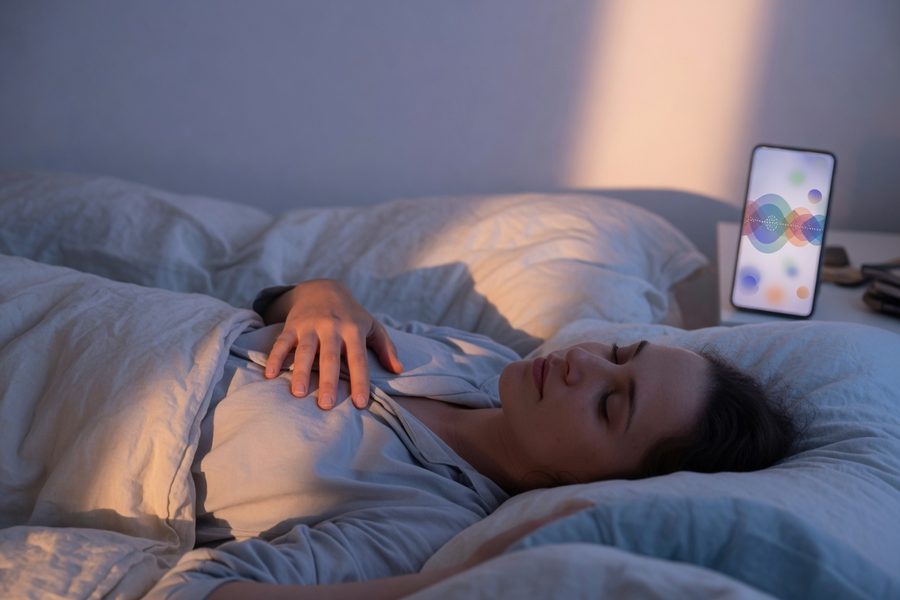 Headspace Sleepcast interface, a dark, minimal screen with a play button and a gentling ambient soundscape, nothing to read or type.