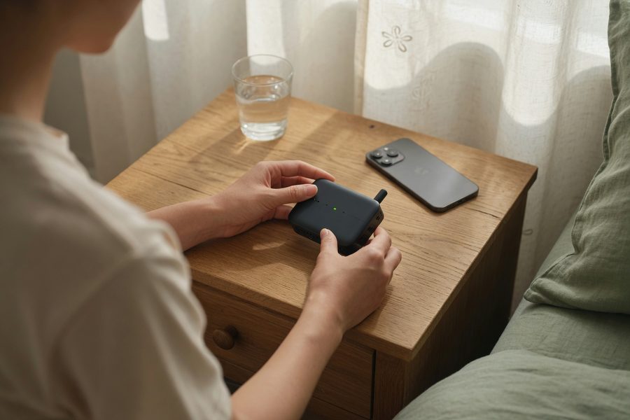 A pocket router placed on a nightstand far from the bed, with a phone charging away from the sleeping area.