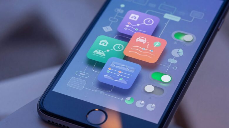 Side-by-side comparison of iPhone Shortcuts and Samsung Routines automation interfaces on iOS and Android screens