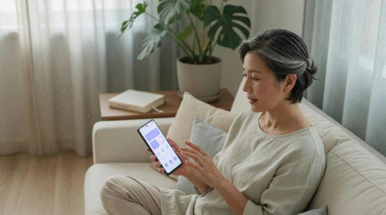 Middle-aged woman using a lifestyle app on her phone at home