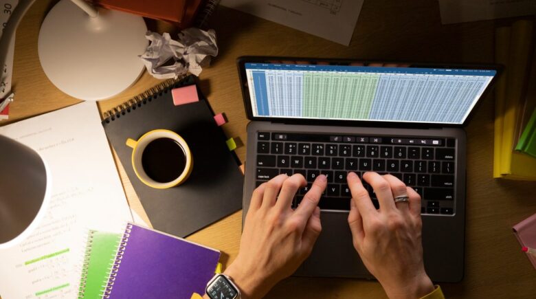 Person working at desk with productivity app interface showing focus mode and notification management features