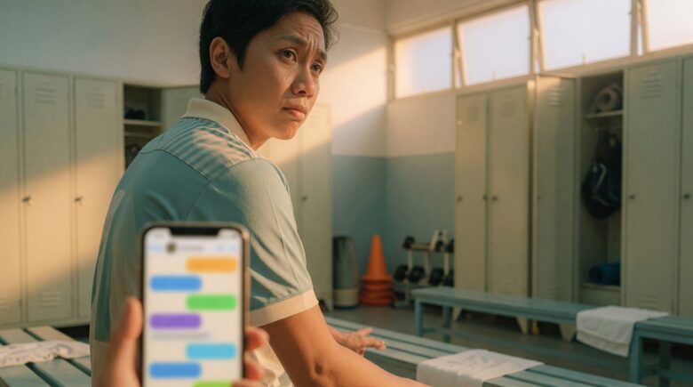 Soccer coach managing multiple messaging app notifications on phone while confused players stand in background