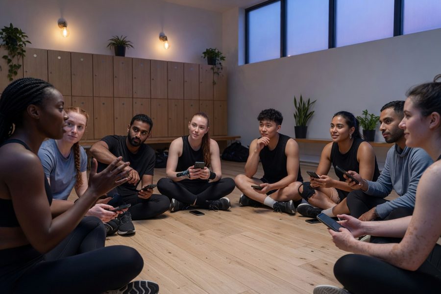 A team huddle with phones showing a hydration challenge leaderboard