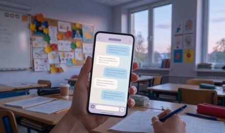 Teacher using a messaging app on smartphone to communicate with parents