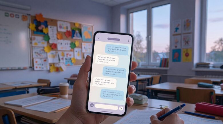 Teacher using a messaging app on smartphone to communicate with parents