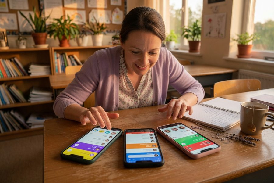 Teacher comparing messaging app features on a tablet during prep period