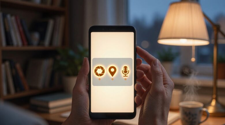 Smartphone screen showing mobile app permission request dialog with location, camera, and contact access options