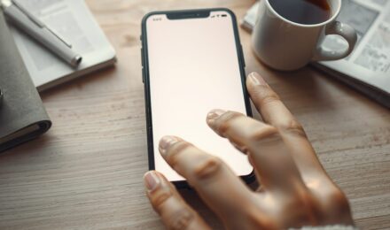 Person sitting peacefully at a table with a cup of coffee and a book, phone turned off and out of reach on a nearby shelf