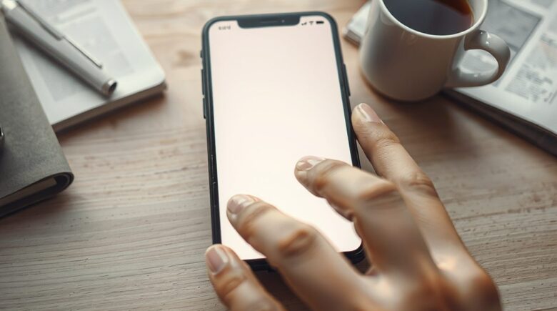 Person sitting peacefully at a table with a cup of coffee and a book, phone turned off and out of reach on a nearby shelf