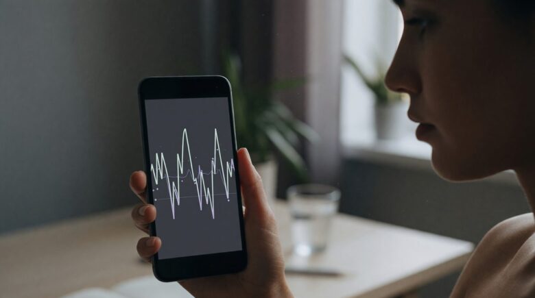 Person using a nervous system regulation app on smartphone with biometric tracking display