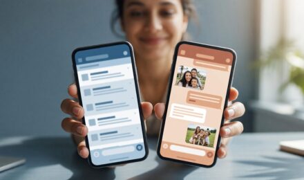 Person looking at phone showing mixed work and personal notifications with stress indicators