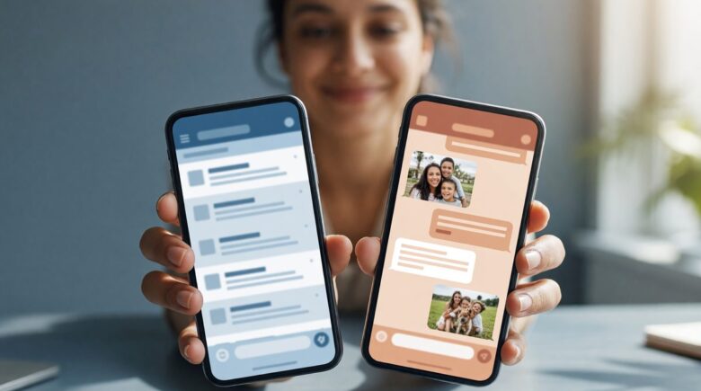 Person looking at phone showing mixed work and personal notifications with stress indicators