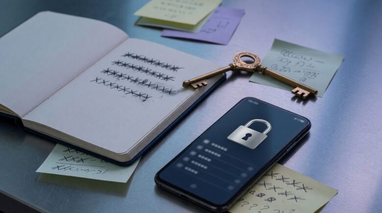 Illustration of a password manager interface with common security configuration errors highlighted