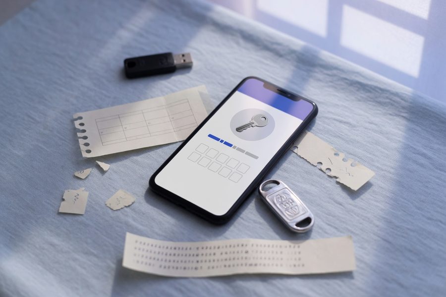 Smartphone showing two-factor authentication prompt for a password manager app
