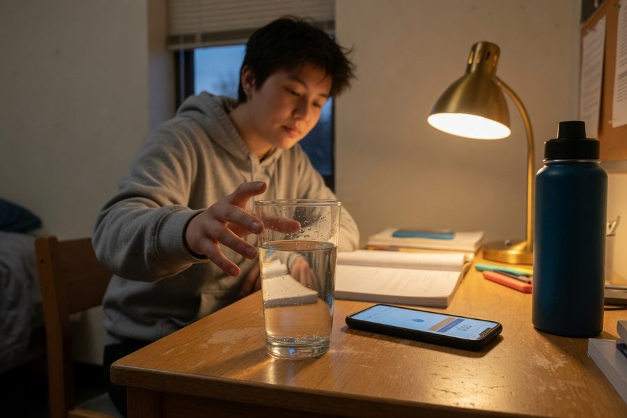 Student studying with phone in Do Not Disturb mode, showing a focus timer on screen