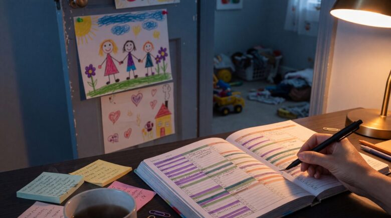 A parent sitting at a desk with a coffee cup, planning their day between childcare responsibilities