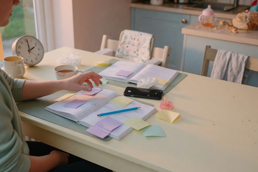 A parent reviewing a simple handwritten priority list during a quiet moment with a toddler nearby