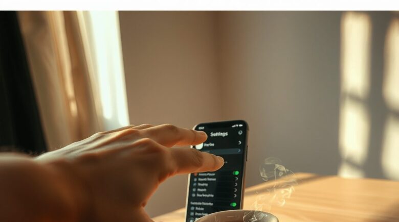 iPhone with silent notification settings open, showing Focus mode and mental health benefits