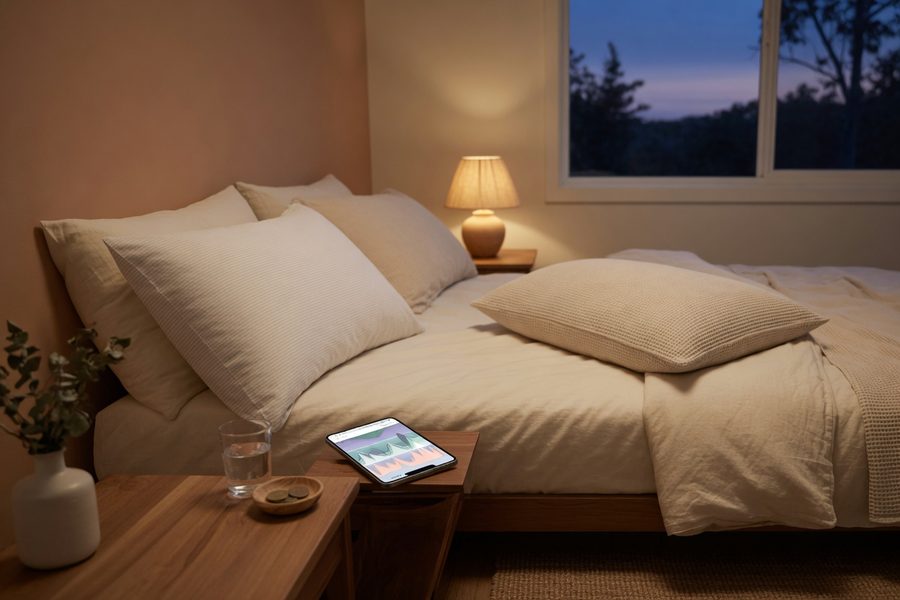 Two phones on nightstands displaying sleep tracking dashboards side by side