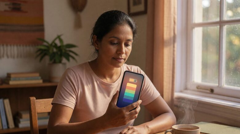 Person using a social battery app on smartphone to track energy levels during a busy social season