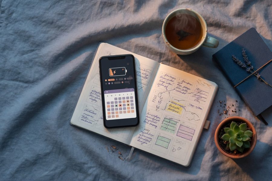 A smartphone displaying a social battery tracker screen with a 42% energy meter and upcoming event reminders.