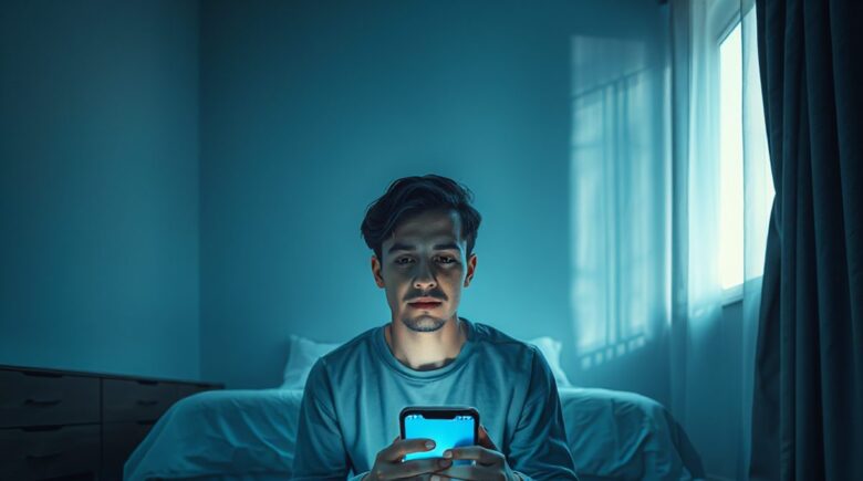 Person scrolling through phone at night with sleep pattern chart