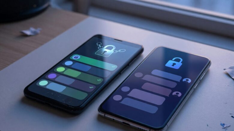 Comparison of Threema and Session messaging app interfaces showing privacy features